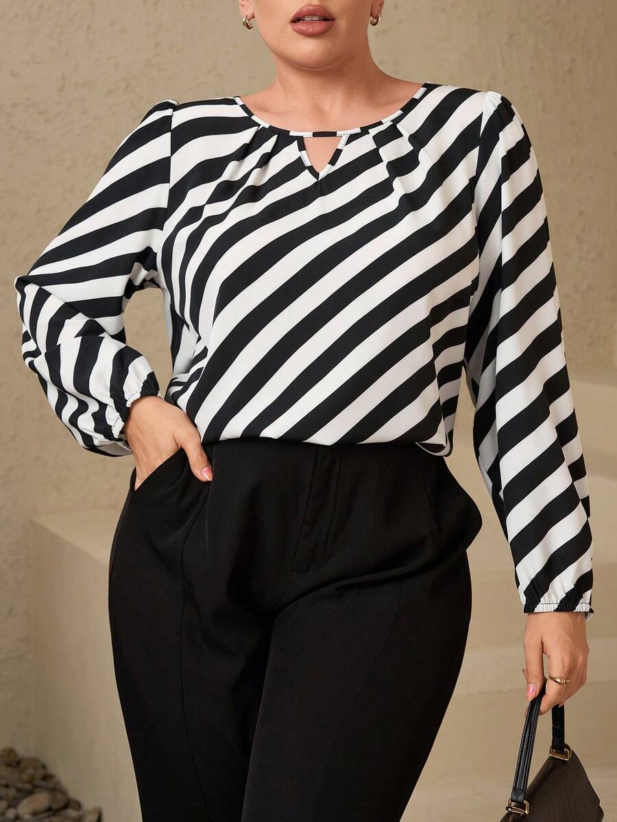 Plus Size Fashionable Commuter Contrast Stripe Shirt Elegant Blouses For Women  Stylish Women's Blouses - Black and White - View 1
