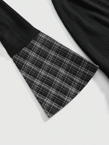 ROMWE Back To School Vintage Gothic Plaid Patchwork 2 In 1 Women Long Sleeve Shirt Blouse - Black - View 4