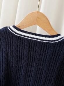 SHEIN Tween Girl Casual Patchwork Striped Trim V-Neck Pointelle Knit, Autumn/Winter Blue And White Stripe Sweater For Girls Sweater Girl Sweater Navy Blue Sweater Girls Summer Clothes For Teens Sweater Sweater For Teen Girls Cute Sweater Sweater For Tweens Aesthetic Preppy Clothes For Girls 12 Girls Autumn Winter Clothes Sweater For Girls Jumper For Girls Kids Sweater Girl Sweater Girl Clothes Autumn And Winter Clothes Sweater For Tweens Tween Girl Jumper Youth Sweaters Knit Sweater Tween Girl Clothes Sweater Cute Sweater - Navy Blue - View 4