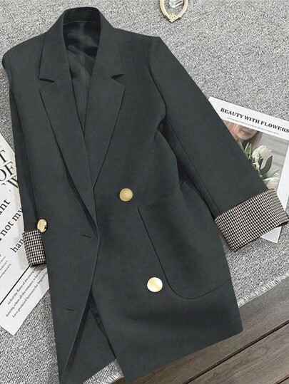 Franclia French Plaid Sleeve Cuff Slightly Fitted Commuter Casual Summer Blazer