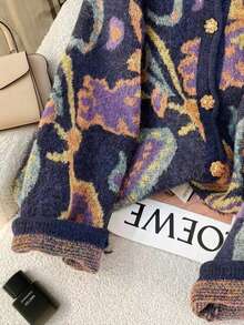 GlowEve CURVE 2025 大码女式时尚休闲简约百搭多色费尔岛图案宝石花卉纽扣小圆领针织开衫