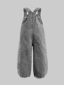 SHEIN 女婴洗水牛仔背带裤，花卉印花宽松连体裤 - 灰色 - 查看 2
