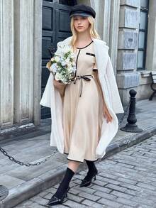 Teen Girls' Casual Colorblock Trim Waist Belt Round Neck Dress - Khaki - View 5