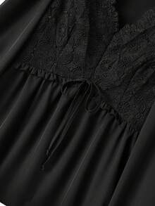 Rusticease 女式撞色蕾丝前领带灯笼袖衬衫和阔腿裤休闲两件套 - 黑色 - 查看 5