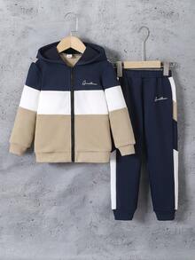 SHEIN Young Boy Collegiate Style Color Block Zip-Up Hoodie Set, Spring/Autumn - Multicolor - View 6