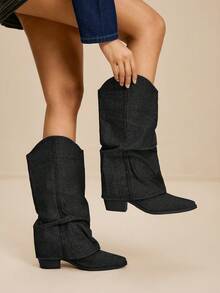 Daringsoles Women's Pointed Toe Western Style Ruched Chunky Heel Boots For Christmas