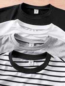 Vacaura 4 件套青少年男童休闲基本款条纹圆领长袖 T 恤，适合秋季穿着，冬季可作为夹克内搭