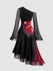 SHEIN MOD Plus Size Women's Vintage Alluring Black Asymmetric Shoulder Flowy Mid-Length Dress, With Red Floral Print On Side Waist, Long Sleeves And Bell Sleeves - Ideal For Women's Cocktail Dress, Formal, Birthday, Parade, Suitable For Dates, Parties, Holidays, Tea Parties And Balls,Party Dress - Multicolor - View 3