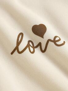 SHEIN 2 件套青少年女孩针织宽松字母和心形印花保暖内衬圆领运动衫和阔腿裤套装，秋冬 - 杏色 - 查看 3