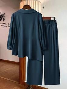 Modelyn Plus Size Solid Color Shawl Neck Long Sleeve Top And Elastic Waist Straight Leg Pants 2 Pieces Set - Blue - View 2