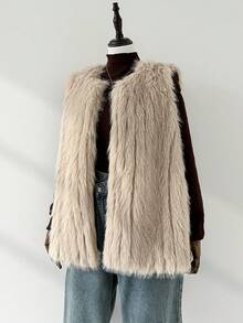 Auralis 大码女装秋冬时尚优雅宽松舒适日常百搭杏色人造毛皮马甲外套女士冬装冬装 - 杏色 - 查看 7