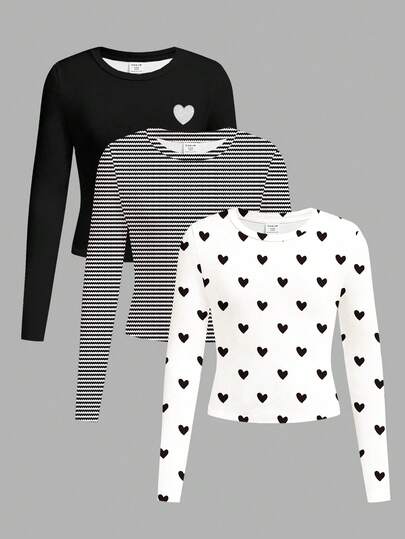 3件套黑白系列，白色，黑白条纹，黑色，青少年女孩修身休闲简约心形图案圆领长袖短款T恤套装，适合秋冬季