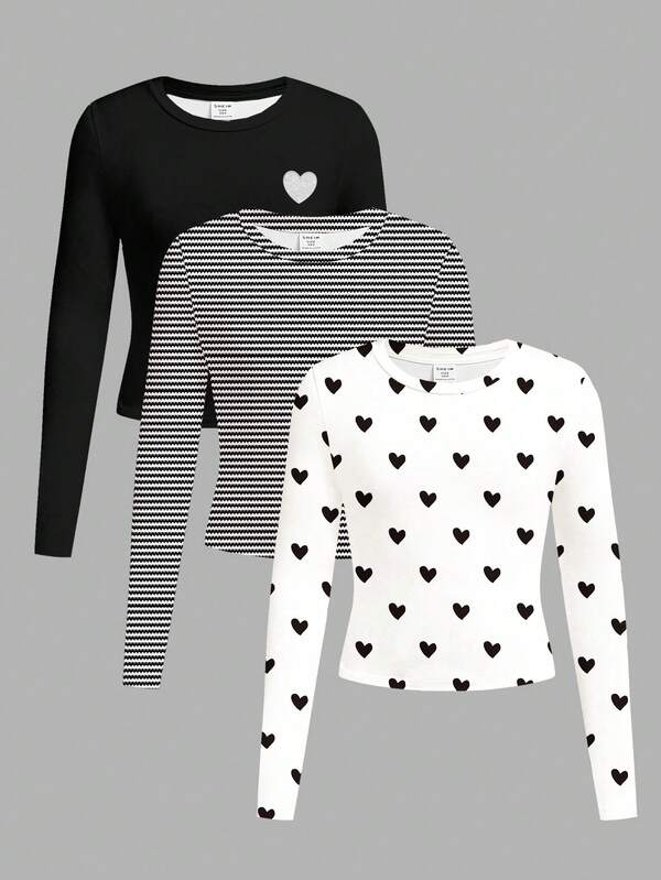 Conjunto de 3 peças, série preta e branca, camiseta cropped casual minimalista com estampa de coração e listras, gola redonda, manga comprida, adequada para outono e inverno