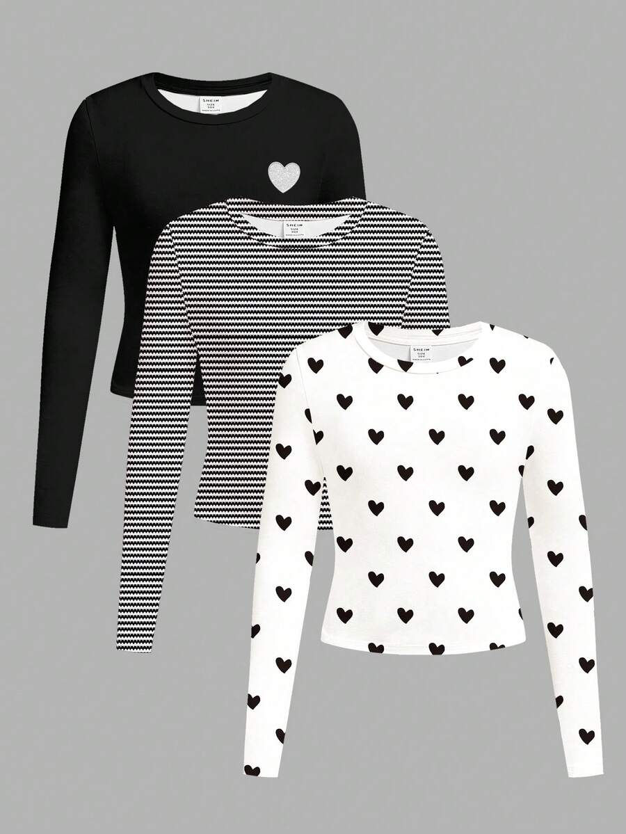3件套黑白系列，白色，黑白条纹，黑色，青少年女孩修身休闲简约心形图案圆领长袖短款T恤套装，适合秋冬季 - 彩色 - 查看 1