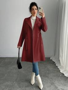 Rafferiza Women's Solid Color Faux Suede Double-Breasted Side Pocket Regular Jacket - Red - View 4