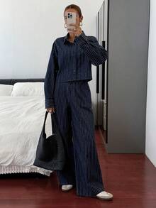Livesso Women's Casual Striped Shirt Jacket And Straight Leg Pants Suit, Loose Fit Business Casual Office Wear, Autumn/Winter - Dark Wash - View 6