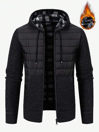 Manfinity Homme Men's Thermal Lined Zip Up Drawstring Hooded Cardigan, Autumn/Winter, Long Sleeve Top