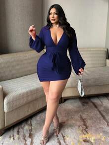 NU&NOW Vestido de Día de San Valentín con mangas de farol y pliegues en rojo para mujer de talla grande