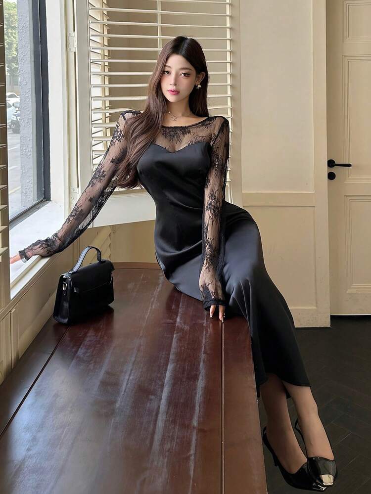 Lace Patchwork Mid-Length Dress For Women, Suitable For Date Night