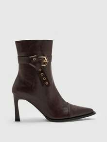 CUCCOO BIZCHIC Pointed-Toe Stiletto Boots | Bronze Buckle Strap Detail | Smooth Leather-Look | Leg-Lengthening Mid-Calf | 2 Pairs, Premium Synthetic - Brown - View 2