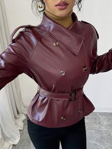 Islaluna معطف قصير مزدوج الصدر من قماش البولي يوريثان ذو لون أحادي، خريفي