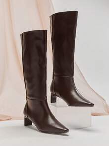 SHUZIA Women's Glamorous Sexy Pointy Toe Kitten Heel Knee-High Boots - Chocolate Brown - View 6