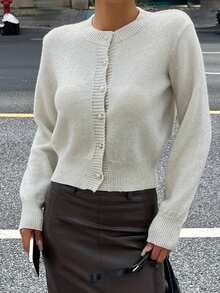 DAZY Áo khoác len cardigan màu trơn trang trí sequin lấp lánh, phong cách thanh lịch thường ngày khi đi làm dành cho nữ, mùa thu/đông, Giáng sinh - Màu be - Xem 7