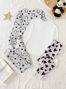 4pcs Girls Panda & Heart Print Long Sleeve Top And Leggings Set, Comfortable Casual Loungewear For Spring/Autumn - Multicolor - View 2