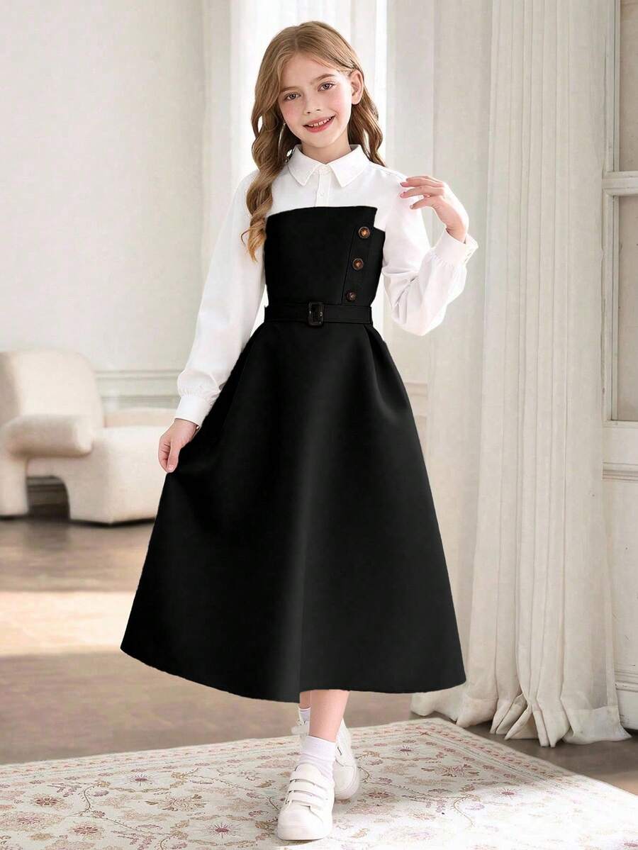 青少年女孩优雅长袖衬衫领连衣裙，二合一设计，非常适合春季、秋季和冬季休闲通勤穿着 - 黑與白 - 查看 1