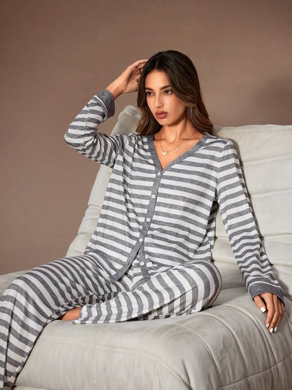 Lazeform Conjunto de ropa de estar en casa casual a rayas para mujer, ropa de invierno