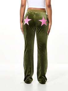 SUMWON WOMEN Velour Wide Leg Joggers With Pink Contrast Stripe And Star Design - Green - View 2