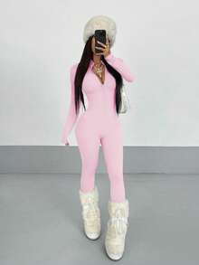 StreetHx Women's Streetwear Solid Color Long Sleeve Half Zip Jumpsuit, Autumn