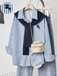 Tween Girls' Casual Striped Loose Button-Up Long Sleeve Shirt With Shawl Collar, Versatile For Back To School - Blue - View 1