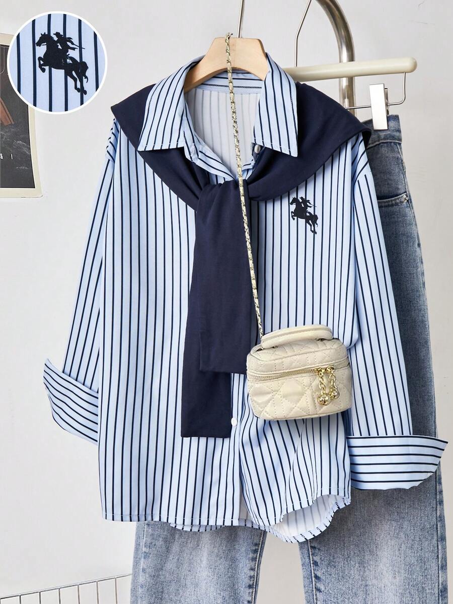 Tween Girls' Casual Striped Loose Button-Up Long Sleeve Shirt With Shawl Collar, Versatile For Back To School - Blue - View 1