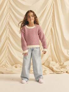 Suéter holgado de cuello redondo con ribete de contraste, informal para niña, otoño/invierno