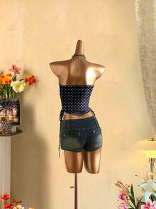 SHEIN EZwear Women's Casual Drawstring Tie-Front Cropped Tube Top - Blue and White - View 4