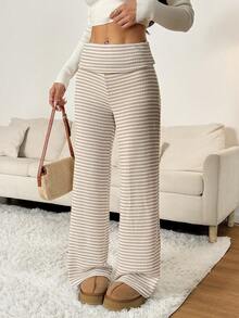 SHEIN PETITE 女式休闲通勤宽松阔腿裤，翻边腰身和拼色条纹图案 - 卡其色 - 查看 7