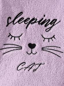 女童休闲毛绒猫咪图案刺绣长裤和长袖舒适睡衣套装 - 淡紫色 - 查看 5