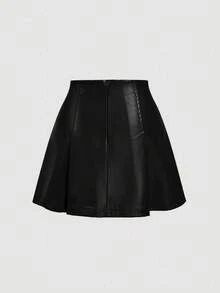 SHEIN MOD 女士黑色褶皱PU皮革百搭迷你裙 - 黑色 - 查看 2