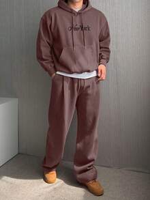 DAZY Men's Thick Letter Embroidered Brown Hoodie Set, Autumn/Winter - Brown - View 4