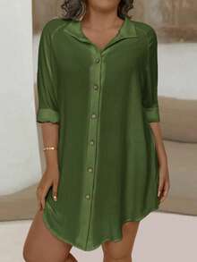 EMERY ROSE Plus Size Women's Solid Color Long Sleeve Single-Breasted Casual Loose Long Shirt - Army Green - View 3
