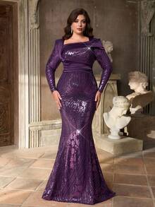 Aureia 大码秋冬优雅华丽紫色亮片拼接缎面不对称领口长袖褶皱修身鱼尾连衣裙，适合晚宴、单身派对、约会、节日、舞会、婚礼、晚宴等场合（重工款）、宾客礼服、情人节等。 - 紫色 - 查看 4
