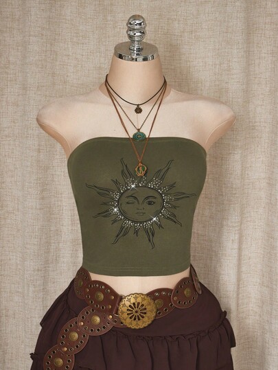 SHEIN ICON Women's Plus-Size Sexy Simple Basic Bohemian Style Plant-Based Pastoral Style Sun God Pattern Hot Diamond Green Knitted Top Tube Top