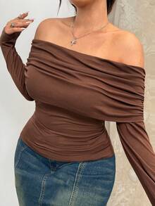 GalTyme Plus Size Solid Color Off-Shoulder Fitted Elegant Long Sleeve T-Shirt, Brown Top Women Brown Long Sleeve Top Chocolate Brown Top Brown Off Shoulder Top,Fall /Autumn/Winter,Christmas,New Year,Thanksgiving,Party,Wedding,Beach,Elegant,Casual,Going Out,Date,Appointment,Commute