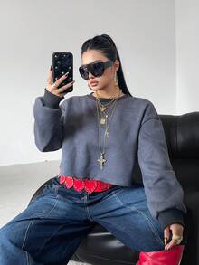 POPSWAY Damen Große Größen Rundhals Dropped Shoulder Langarm Thermofutter Lässiger Loose Pullover, Herbst/Winter