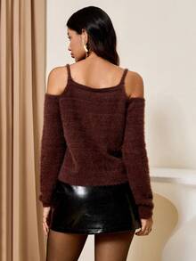 Lyxana Women's Off-Shoulder Soft Knit Camisole Top - Brown - View 2