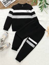 Genkimix Kids 2pcs/Set Young Boy Casual Sports Streetwear Cute Wing Striped Sweatshirt + Pants, Suitable For Daily Wear, School, Outings, Sports, Spring & Autumn, Providing Multiple Matching Options For Toddler Boys. The Overall Design Is Simple And Generous, Comfortable And Fashionable To Wear. This Sweatsuit Set Will Be A Practical And Stylish Choice In The Wardrobe Of Toddler Boys.