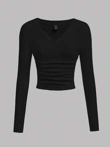 SHEIN EZwear 女款百搭黑色V領長袖修身保暖T恤，休閒百搭，適合秋季日間、夜晚與辦公室穿著 - 黑色 - 查看 4