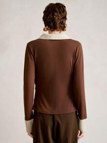SHEIN Stylify 2025冬季二合一衬衫拼接针织毛衣女款，新款高端亚麻衬衫，优雅通勤时尚上衣，适合情人节、圣诞节、万圣节、新年等节日穿着。 - 米色 - 查看 2