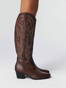 ROMWE Fairycore 女式2025春秋季新款自然风咖啡棕色刺绣西部靴，户外时尚一脚蹬及膝靴 - 咖啡棕 - 查看 4